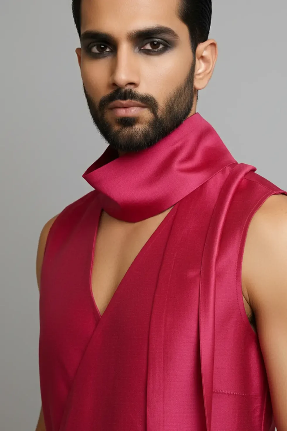 Valz Red Satin Shirt, Satin Shirt For Men, Red Shirt For Men, Sleeveless Men Shirt, V Neck Shirt, Red Colour Shirt For Men, Stylish Party Shirts For Men, Sepia Stories
