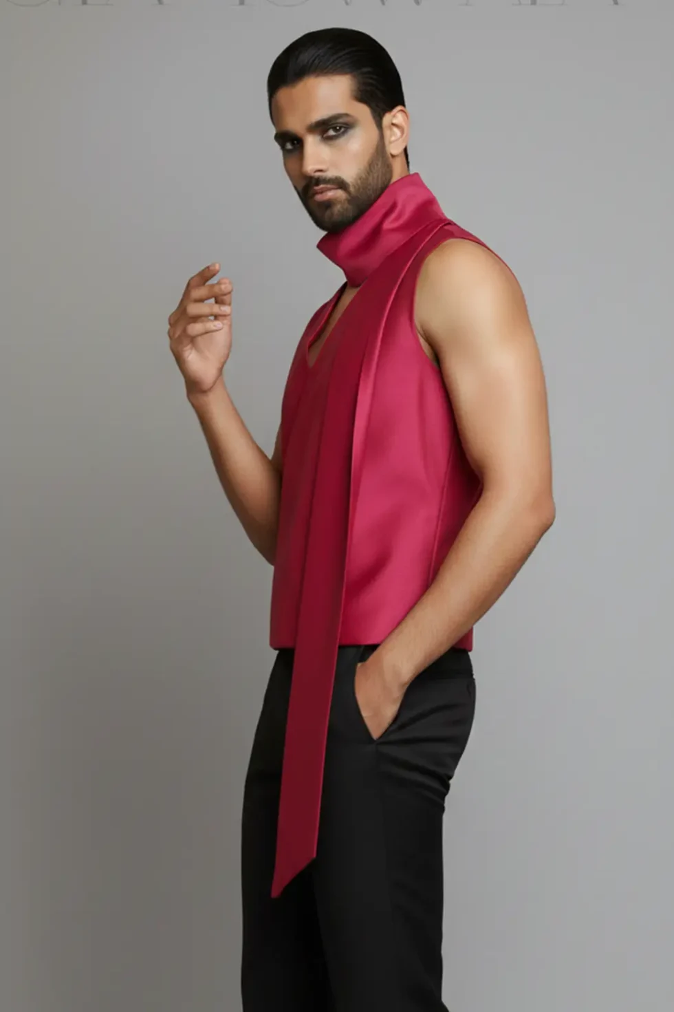 Valz Red Satin Shirt, Satin Shirt For Men, Red Shirt For Men, Sleeveless Men Shirt, V Neck Shirt, Red Colour Shirt For Men, Stylish Party Shirts For Men, Sepia Stories