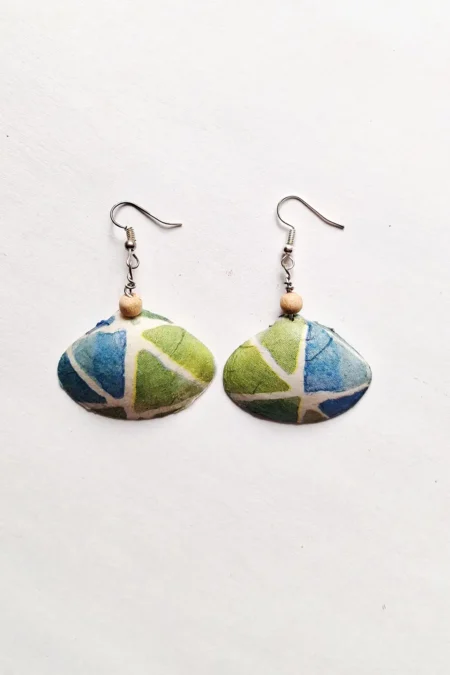 Green Blue Triangle Small Designer Sustainable Jewellery, Shell Earrings, Goa Earrings, Creative Earrings, Funky Earrings, Casual Earrings, Green Earrings, Sepia Stories, Jack Of All, Themed Earrings, Handcrafted Earrings For Women, Hand Painted Earrings, Hand Painted Earrings Jewelry