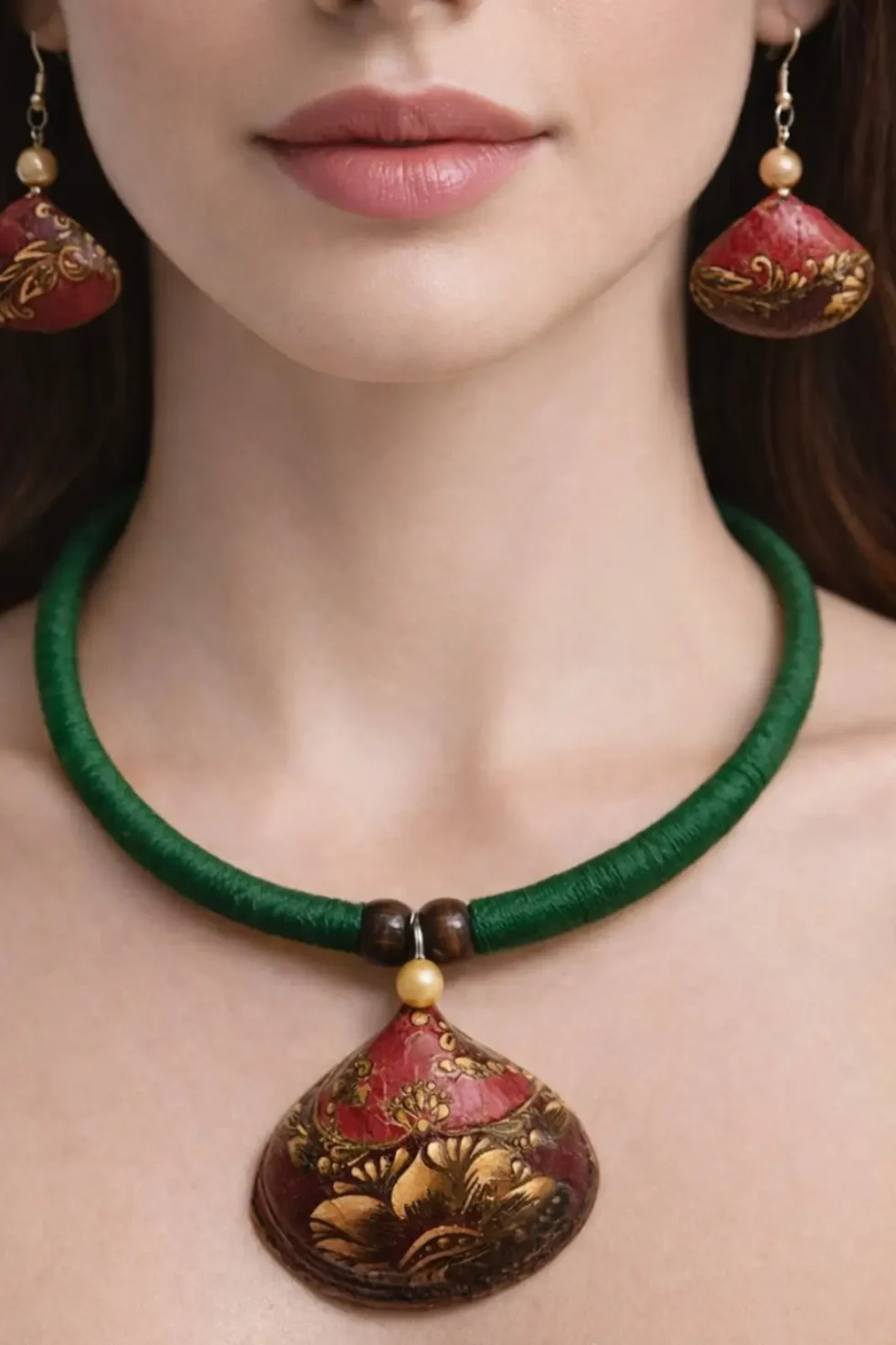 Joa Hasli Necklace Set Green Handmade Shell Jewellery, Green Necklace, Sea Shell Necklace, Handmade Jewellery Online, Handmade Ethnic Jewellery, Round Necklace, Shell Jewellery, Sustainable Jewellery, Goa Jewellery, Sepia Stories, Jack Of All