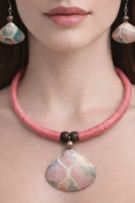 Joa Hasli Necklace Set Pink Handmade Ethnic Jewellery, Round Necklace For Women, Shell Jewellery, Handcrafted Jewellery, Goa Jewellery, Pink Necklace, Sepia Stories, Jack Of All, Fashion Jewellery, Sustainable Jewellery, Hasli Necklace, Handmade Necklace,