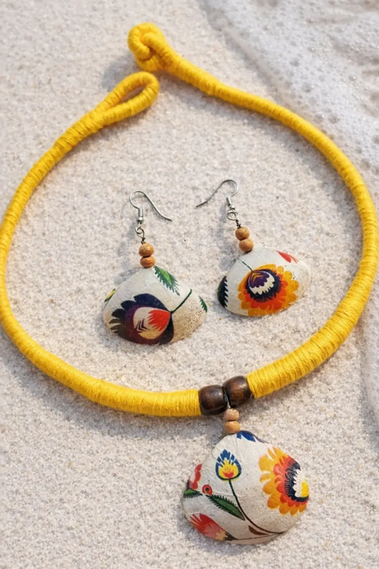 Joa Hasli Necklace Set Yellow Sea Shell Necklace, Hasli Necklace, Handmade Necklace, Yellow Necklace Set. Shell Jewellery, Sustainable Jewellery, Goa Jewellery, Fashion Jewellery, Sea Shell Necklace, Handmade Jewellery Online, Handmade Ethnic Jewellery, Round Necklace For Women, Sepia Stories, Jack Of All