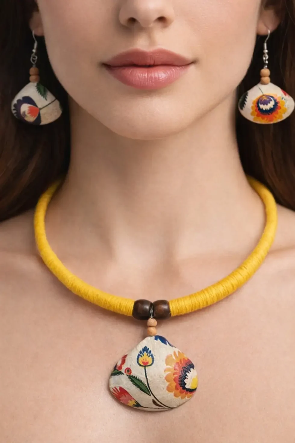 Joa Hasli Necklace Set Yellow Sea Shell Necklace, Hasli Necklace, Handmade Necklace, Yellow Necklace Set. Shell Jewellery, Sustainable Jewellery, Goa Jewellery, Fashion Jewellery, Sea Shell Necklace, Handmade Jewellery Online, Handmade Ethnic Jewellery, Round Necklace For Women, Sepia Stories, Jack Of All