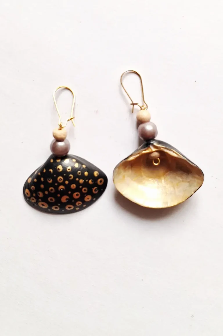 JOA Black Dotted Small Sea Shell Earrings, Hand Painted Earrings, Handcrafted Earrings For Women, Designer Earrings, Goa Earrings, Black Earring, Earrings Online, Sepia Stories, Jack Of All, Sustainable Jewellery, Hand Painted Earrings Jewelry,