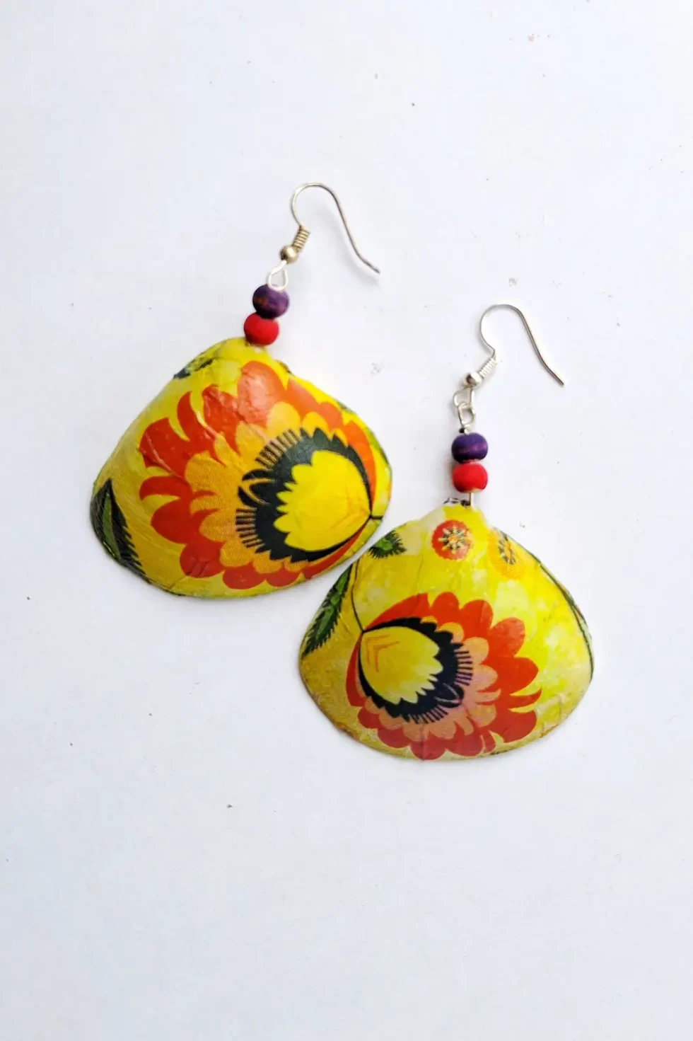 JOA Floral Yellow Handcrafted Shell Earrings For Women, Handmade Earrings, Artistic Earrings, Sea Shell Earrings, Goa Earrings, Creative Earrings, Sepia Stories, Jack Of All, Themed Earrings, Handcrafted Earrings For Women, Casual Earrings