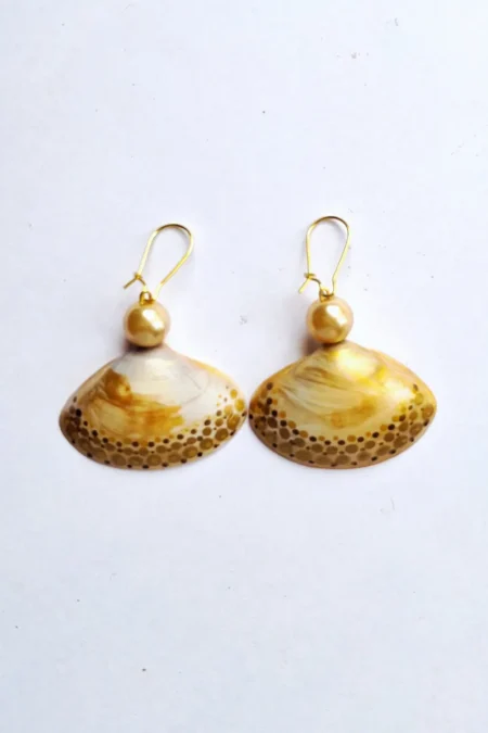 JOA Gold Border Dotted 1 Small Hand Painted Earrings, Sea Shell Earrings, Handcrafted Earrings, Artistic Earrings, Sustainable Jewellery, Goa Earrings, Hand Painted Earrings, Hand Painted Earrings Jewelry, Shell Earrings, Sustainable Jewellery, Sepia Stories, Jack Of All,