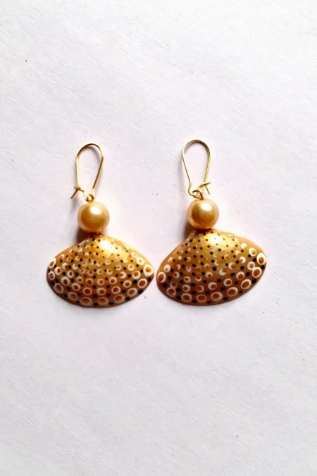 JOA Gold Pearl Dotted 1 Small Creative Goa Earrings, Handmade Earrings, Artistic Earrings, Themed Earrings, Goa Earrings, Creative Earrings, Gold Earrings, Shell Earrings, Sea Shell Earrings, Designer Earrings, Sustainable Jewellery, Sepia Stories, Jack Of All,