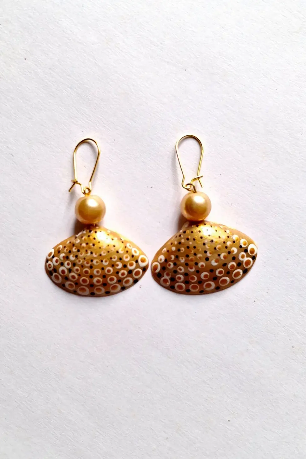 JOA Gold Pearl Dotted 1 Small Creative Goa Earrings, Handmade Earrings, Artistic Earrings, Themed Earrings, Goa Earrings, Creative Earrings, Gold Earrings, Shell Earrings, Sea Shell Earrings, Designer Earrings, Sustainable Jewellery, Sepia Stories, Jack Of All,