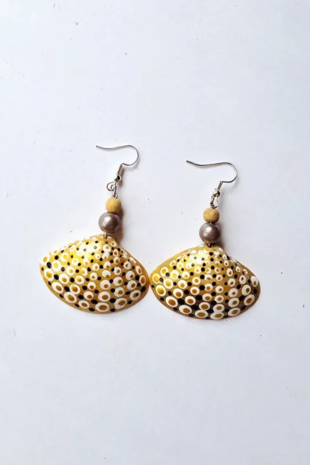 JOA Gold And Whited Dotted Small Designer Earrings, Casual Earrings, Sea Shell Earrings, Themed Earrings, Hand Painted Earrings Jewelry, Goa Earrings, Creative Earrings, Designer Earrings, Sustainable Jewellery, Sepia Stories, Jack Of All,