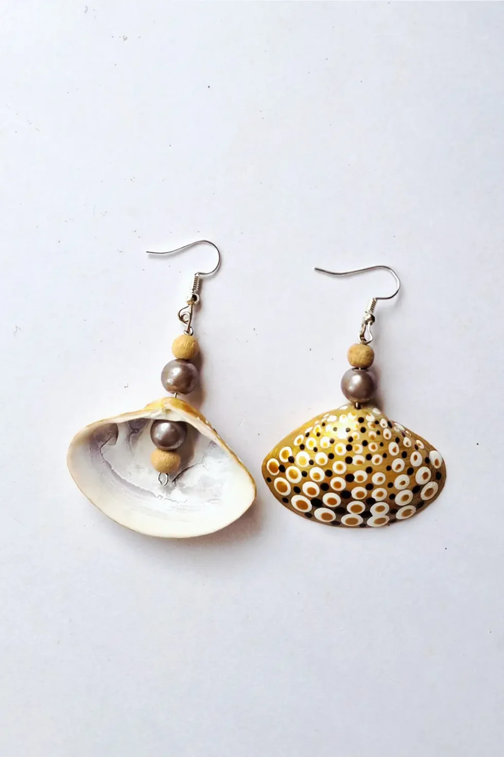 JOA Gold And Whited Dotted Small Designer Earrings, Casual Earrings, Sea Shell Earrings, Themed Earrings, Hand Painted Earrings Jewelry, Goa Earrings, Creative Earrings, Designer Earrings, Sustainable Jewellery, Sepia Stories, Jack Of All,