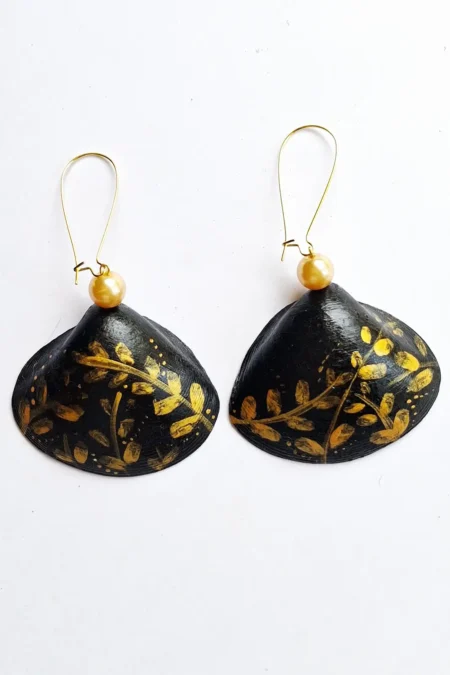 JOA Long Hoop B And Gold Leaf Handprinted Shell Earrings, Hand Painted Earrings Jewelry, Themed Earrings, Goa Earrings, Creative Earrings, Funky Earrings, Gold Earrings, Sepia Stories, Jack Of All, Themed Earrings, Casual Earrings, Sustainable Jewelry