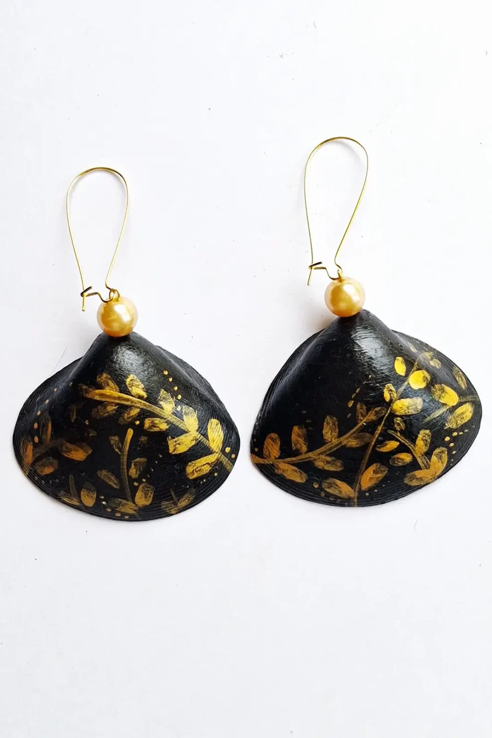 JOA Long Hoop B And Gold Leaf Handprinted Shell Earrings, Hand Painted Earrings Jewelry, Themed Earrings, Goa Earrings, Creative Earrings, Funky Earrings, Gold Earrings, Sepia Stories, Jack Of All, Themed Earrings, Casual Earrings, Sustainable Jewelry