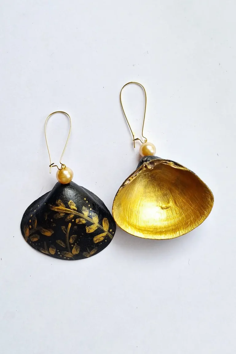 JOA Long Hoop B And Gold Leaf Handprinted Shell Earrings, Hand Painted Earrings Jewelry, Themed Earrings, Goa Earrings, Creative Earrings, Funky Earrings, Gold Earrings, Sepia Stories, Jack Of All, Themed Earrings, Casual Earrings, Sustainable Jewelry
