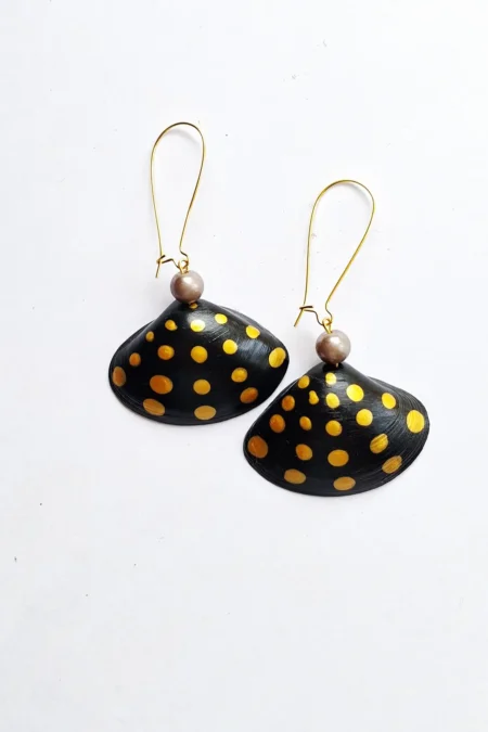 JOA Long Hoop B AND Gold Polka Dot Small Shell Earrings, Hand Painted Earrings, Goa Earrings, Sustainable Jewellery, Hand Painted Earrings Jewelry, Sepia Stories, Jack Of All, Themed Earrings, Handcrafted Earrings For Women,