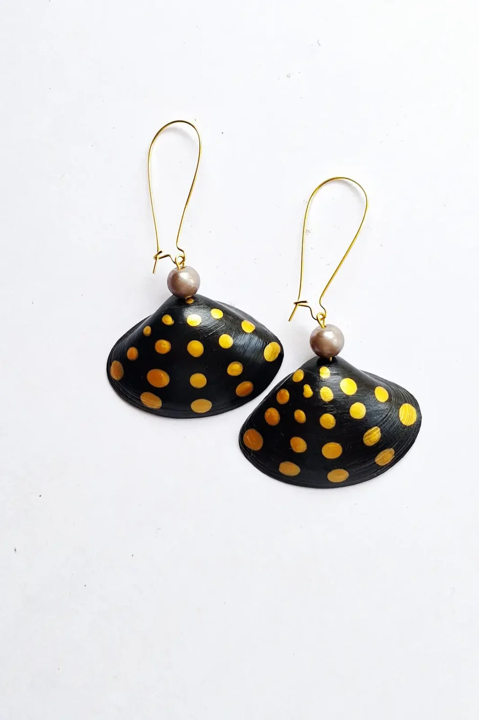 JOA Long Hoop B AND Gold Polka Dot Small Shell Earrings, Hand Painted Earrings, Goa Earrings, Sustainable Jewellery, Hand Painted Earrings Jewelry, Sepia Stories, Jack Of All, Themed Earrings, Handcrafted Earrings For Women,