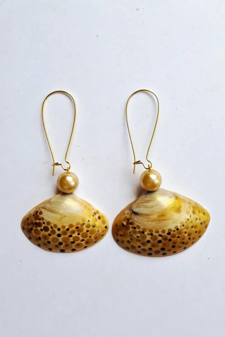 JOA Long Hoop Gold Border Dotted Sea Shell Earrings, Goa Earrings, Handcrafted Earrings, Handcrafted Earrings For Women, Hand Painted Earrings, Sepia Stories, Jack Of All, Themed Earrings, Casual Earrings, Sustainable Jewelry, Gold Earring