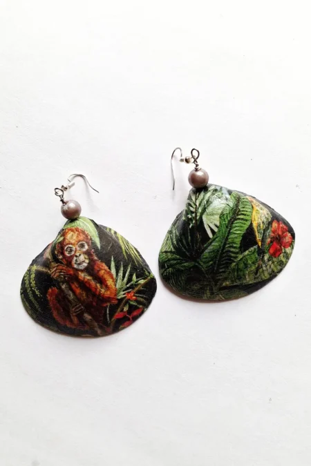 Sepia Stories, Jack Of All, Themed Earrings, Casual Earrings, Sustainable Jewelry, JOA Orangutan Artistic Hand Painted Sea Shell Earrings, Handmade Earrings, Goa Earrings, Creative Earrings, Art Deco Earrings, Handprinted Earrings