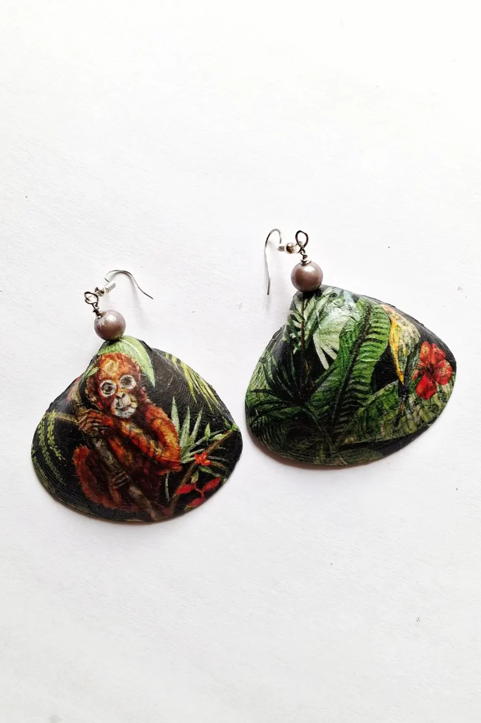 Sepia Stories, Jack Of All, Themed Earrings, Casual Earrings, Sustainable Jewelry, JOA Orangutan Artistic Hand Painted Sea Shell Earrings, Handmade Earrings, Goa Earrings, Creative Earrings, Art Deco Earrings, Handprinted Earrings