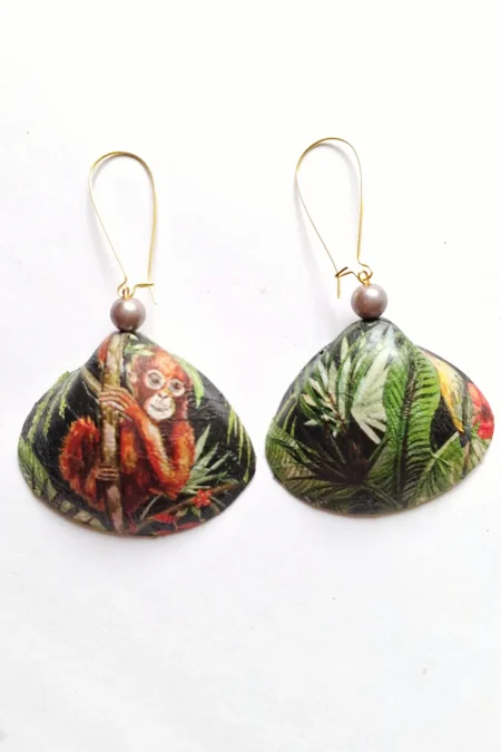 Sepia Stories, Jack Of All, Themed Earrings, Casual Earrings, Sustainable Jewelry, JOA Orangutan 2 Art Deco Hand Painted Sea Shell Earrings, Hand Painted Earrings Jewelry, Artistic Earrings, Goa Earrings, Casual Earrings, Handmade Earrings