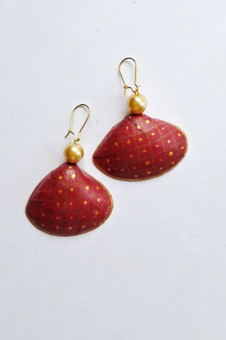 JOA Red & Gold Dotted Small Hand Painted Goa Earrings, Red Earrings, Gold Earrings, Handmade Earrings, Sea Shell Earrings, Handcrafted Earrings For Women, Sepia Stories, Jack Of All, Themed Earrings,