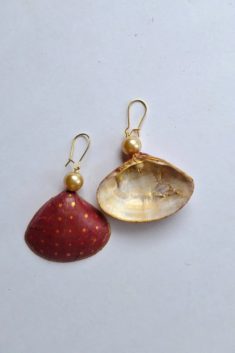 JOA Red & Gold Dotted Small Hand Painted Goa Earrings, Red Earrings, Gold Earrings, Handmade Earrings, Sea Shell Earrings, Handcrafted Earrings For Women, Sepia Stories, Jack Of All, Themed Earrings,