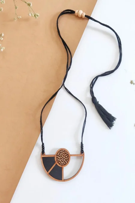WHE Black Geometrical Repurposed Fabric and Wood Adjustable Pendant Necklace