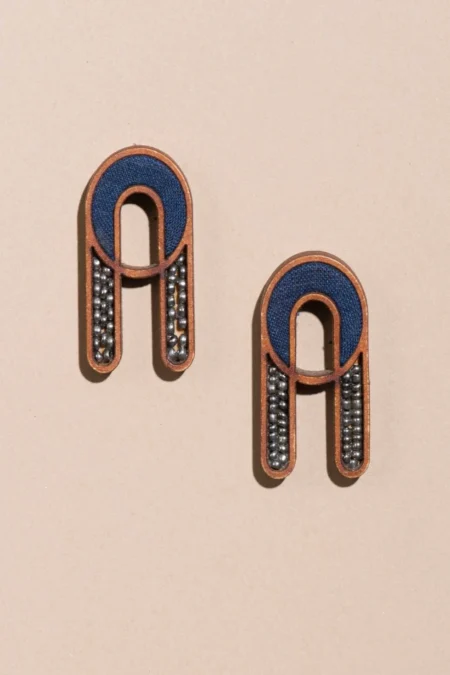 WHE Indigo Blue Repurposed Fabric and Wood Earring with Glass Beads