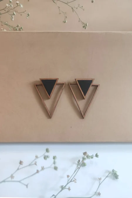 WHE Black Two Look in One Repurposed Fabric and Wood Triangle Earring