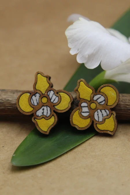WHE YELLOW BLOOM REPURPOSED FABRIC AND WOOD FLOWER STUD