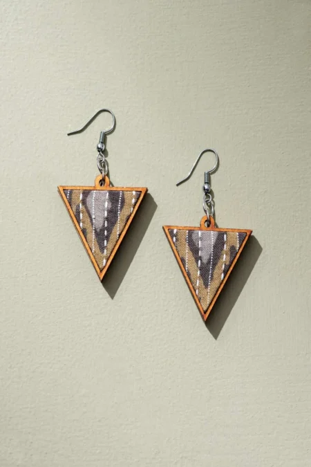 WHE Brown Repurposed Fabric and Wood Triangular Earrings