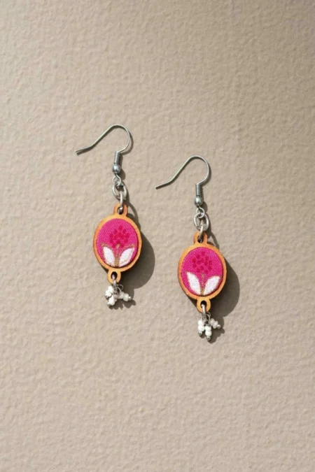 WHE Pink Repurposed Fabric and Wood Flower Earrings