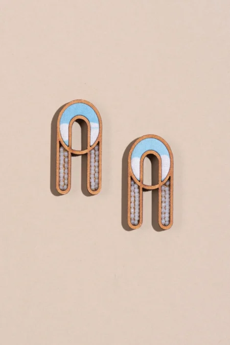 WHE Blue Repurposed Fabric and Wood Earring with Glass Beads