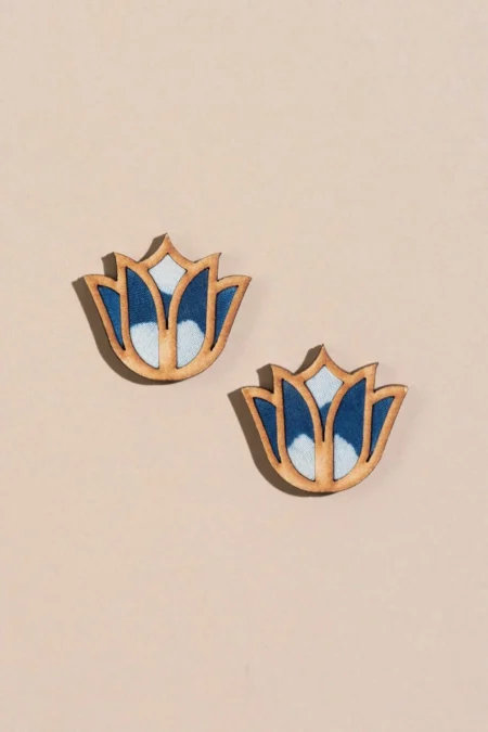WHE Indigo Bloom Lotus Repurposed Fabric and Wood Earrings