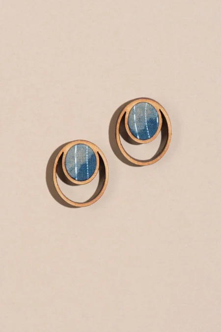 WHE BLUE KANTHA BATIK FABRIC AND REPURPOSED WOOD STUD EARRINGS