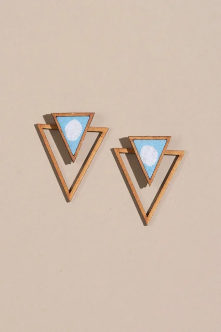 WHE Blue Two Look in One Repurposed Fabric and Wood Triangle Earring