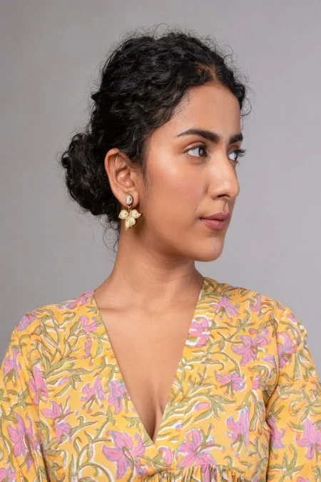 WHE Green Bloom Repurposed Fabric and Wood Leaf Earrings