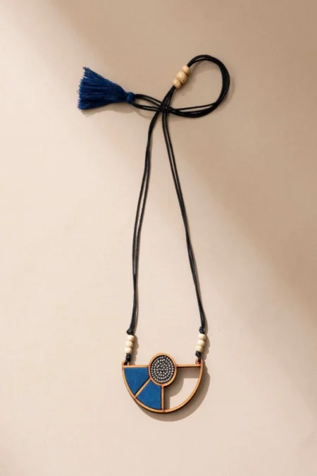 WHE Blue Geometrical Repurposed Fabric and Wood Adjustable Pendant Necklace