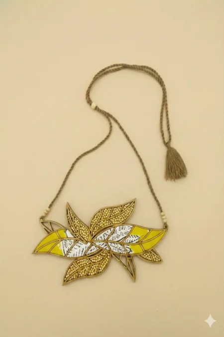 WHE YELLOW BLOOM LEAF MOTIF REPURPOSED FABRIC AND WOOD NECKLACE