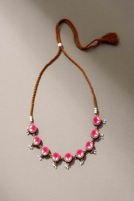 WHE Pink Repurposed Fabric and Wood Flower Choker Necklace