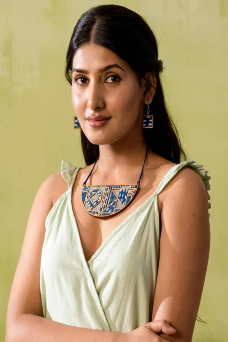 WHE INDIGO REPURPOSED FABRIC AND WOOD MAZE NECKLACE