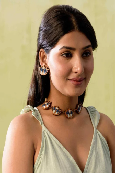 WHE Indigo Bloom Lotus Repurposed Fabric and Wood Necklace