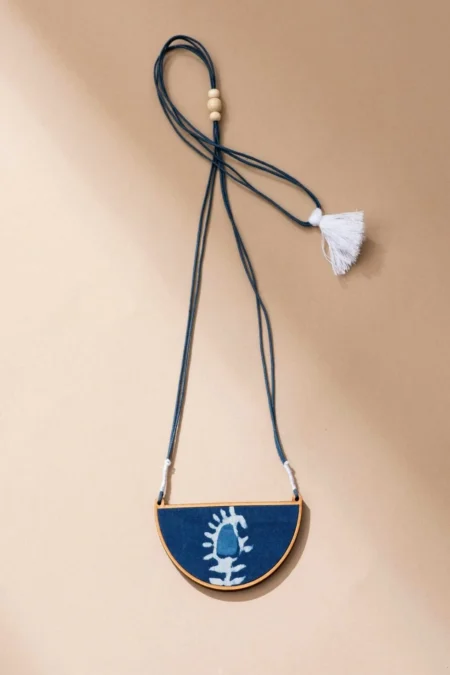WHE INDIGO REPURPOSED FABRIC AND WOOD SEMI CIRCLE NECKLACE