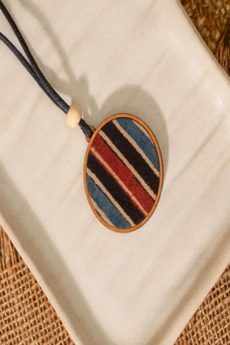 WHE Unisex Blue Round Repurposed Fabric and Wood Pendant