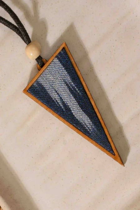 WHE UNISEX BLUE REPURPOSED FABRIC AND WOOD TRIANGULAR PENDANT
