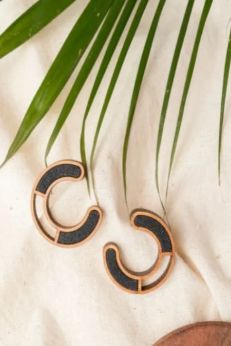 WHE Black Compassion Repurposed Fabric and Wood Earring