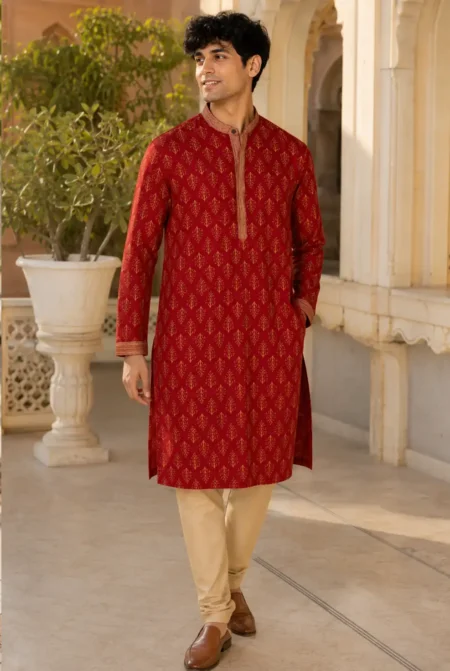 SAGA COTTON HANDBLOCK KURTA RED