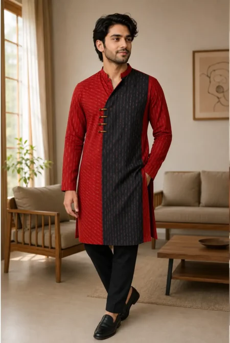 SAGA COTTON IKAT KURTA BLACK & RED
